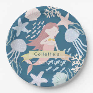 Assiettes En Carton Sous la mer Sirène Marine Bleu Anniversaire
