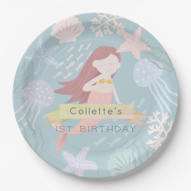 Assiettes En Carton Sous la mer Sirène mer Vert Anniversaire (Devant)