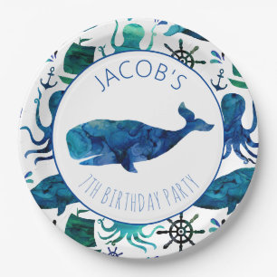 Assiettes En Carton Sous l'anniversaire de baleine d'océan d'aquarelle