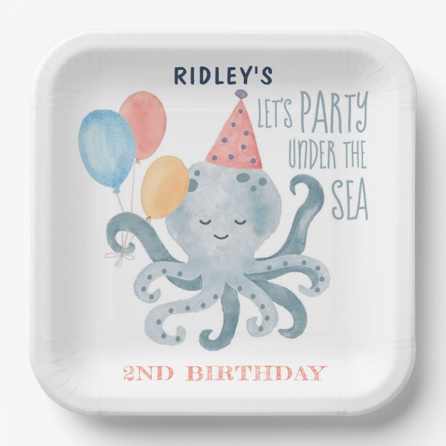 Assiettes En Carton Sous l'aquarelle du poulpe de mer Anniversaire (Recto)