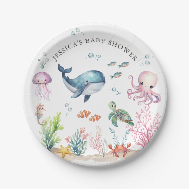 Assiettes En Carton Sous le Baby shower d'animaux de mer colorés (Devant)