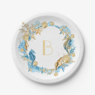 Assiettes En Carton Sous le monogramme d'or bleu marine