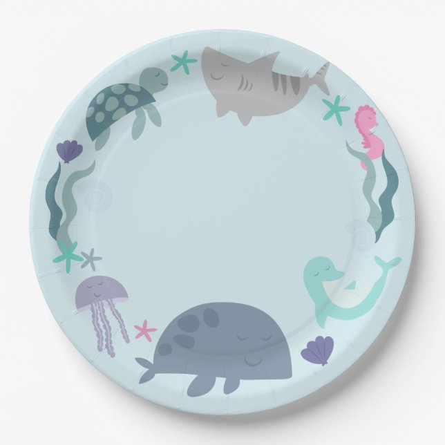 Assiettes En Carton Sous L'Invitation D'Anniversaire De La Mer (Devant)