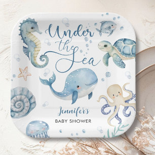 Assiettes En Carton Sous l'océan Filleul Bleu Aquarelle Baby Shower