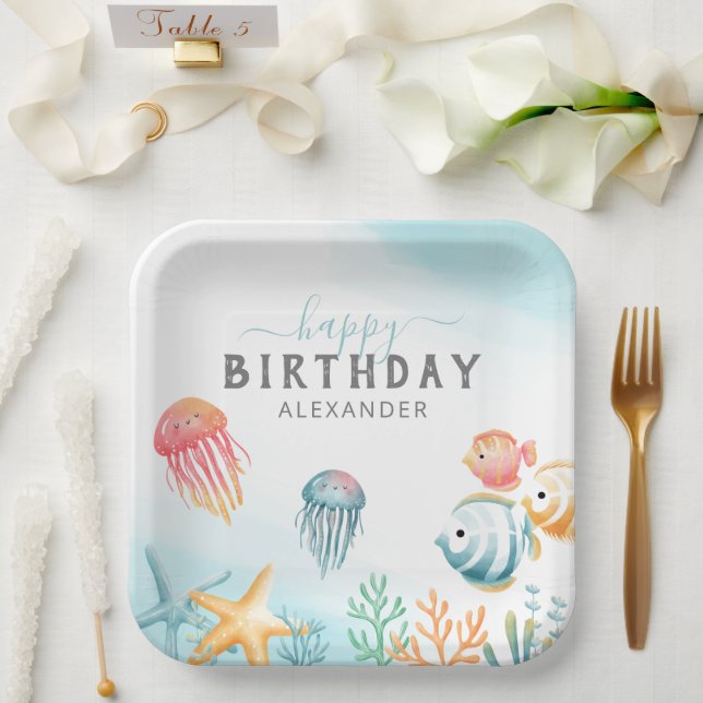 Assiettes En Carton Sous l'océan marin Joyeux anniversaire (Mariage)