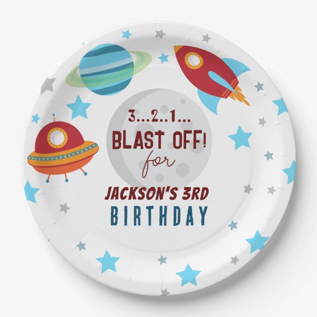 Assiettes En Carton Space Blast Off 3e anniversaire (Devant)