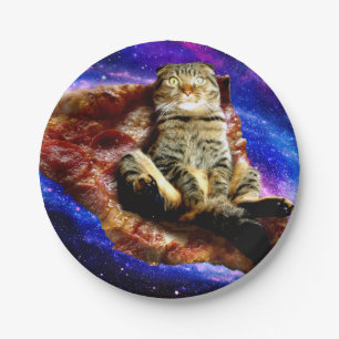 Assiettes En Carton Space cat couché sur une pizza