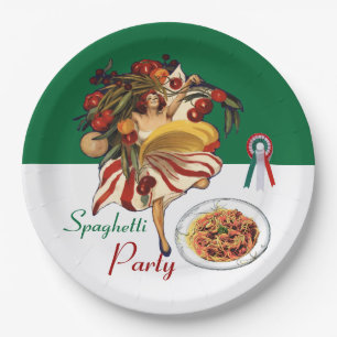ASSIETTES EN CARTON SPAGHETTI PARTY DANCE, CUISINE ITALIENNE ET TOMATE
