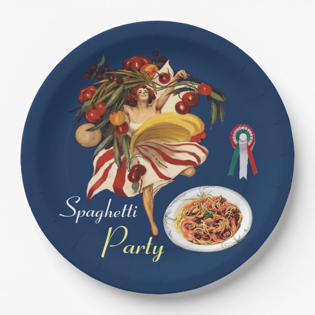 ASSIETTES EN CARTON SPAGHETTI PARTY DANCE, CUISINE ITALIENNE ET TOMATE (Devant)