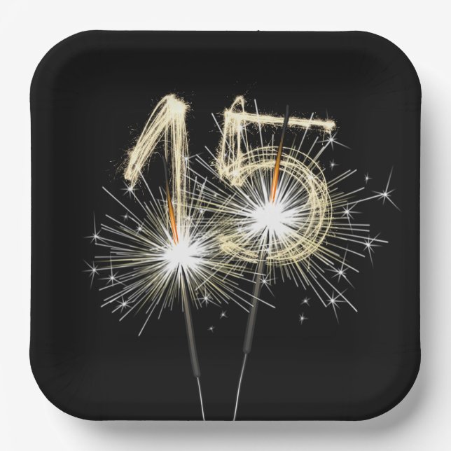 Assiettes En Carton Sparklers du 15e anniversaire sur Noir (Recto)