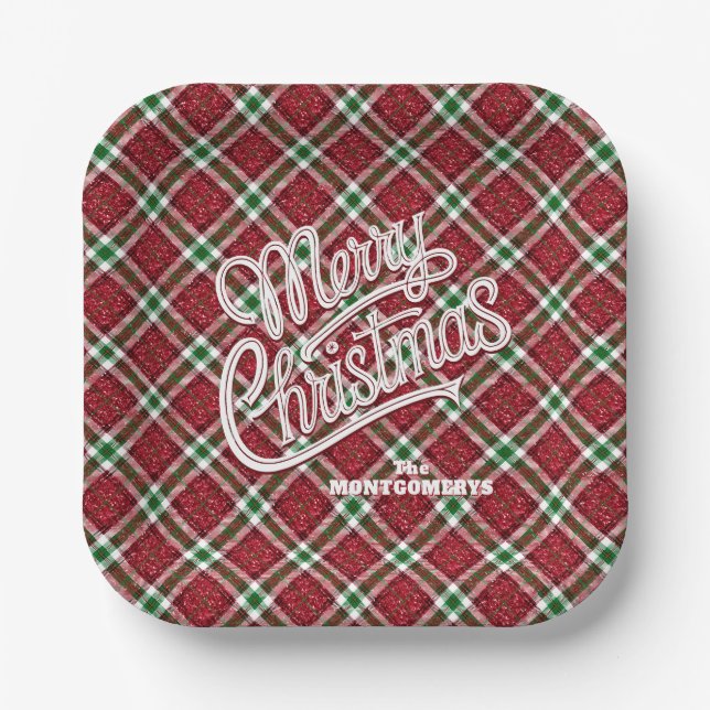 Assiettes En Carton Sparkly Merry Christmas Plaid Square (Recto)