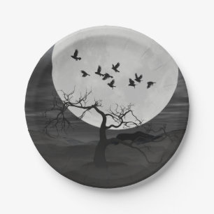 Assiettes En Carton Spooky Ravens Flying Against the Full Moon