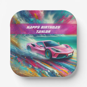 Assiettes En Carton Sportscar rose vibre sur une plage tropicale
