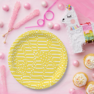 Assiettes En Carton Spots et bandes 2 - Citron jaune et blanc