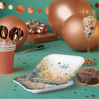 Assiettes En Carton Spring Watercolor ladybug Floral Monogram Wildflow