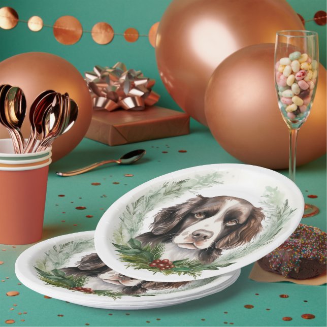 Assiettes En Carton Springer spaniel Noël Wreath Festive Pup (Multi)