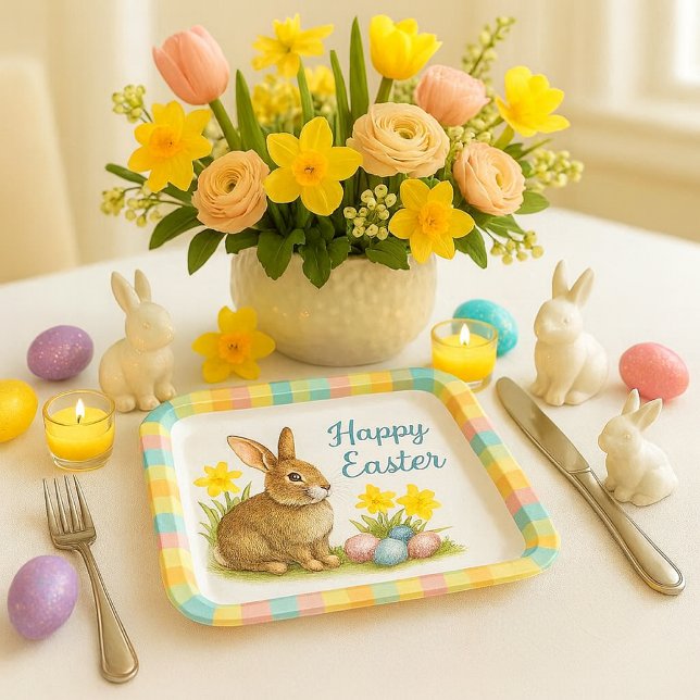 Assiettes En Carton Springtime Plaid with Easter Bunny Paper Plate (Cheerful springtime Easter Bunny paper plate.  Perfect for holiday gatherings )