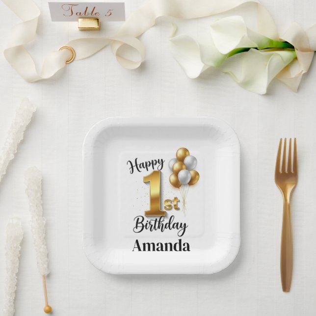 Assiettes En Carton Square Gold Balloons Happy 1st Birthday (Mariage)