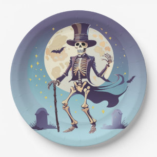 Assiettes En Carton Squelette dansant sous la lune Halloween