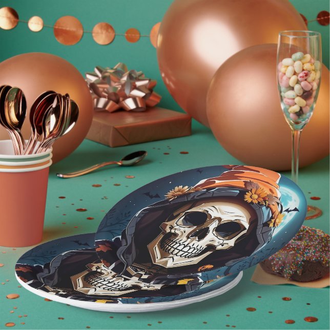 Assiettes En Carton Squelette d'Halloween au sourire grimaçant (Multi)