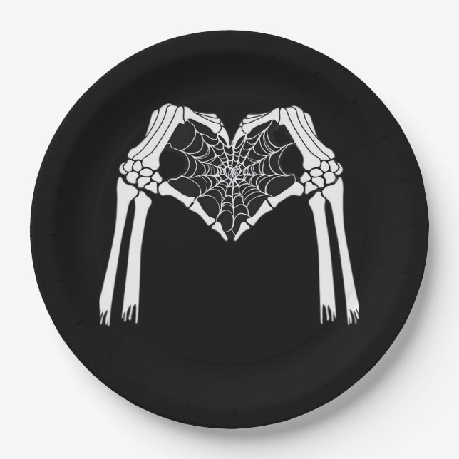 Assiettes En Carton Squelette Mains Cobweb Coeur (Blanc) Classique (Devant)