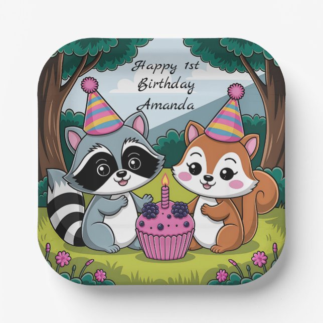 Assiettes En Carton Squirrel and Raccoon cute Birthday (Recto)