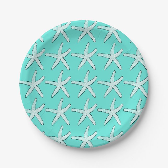 Assiettes En Carton Starfish Beach Baby showers bleu Turquoise Anniver (Devant)