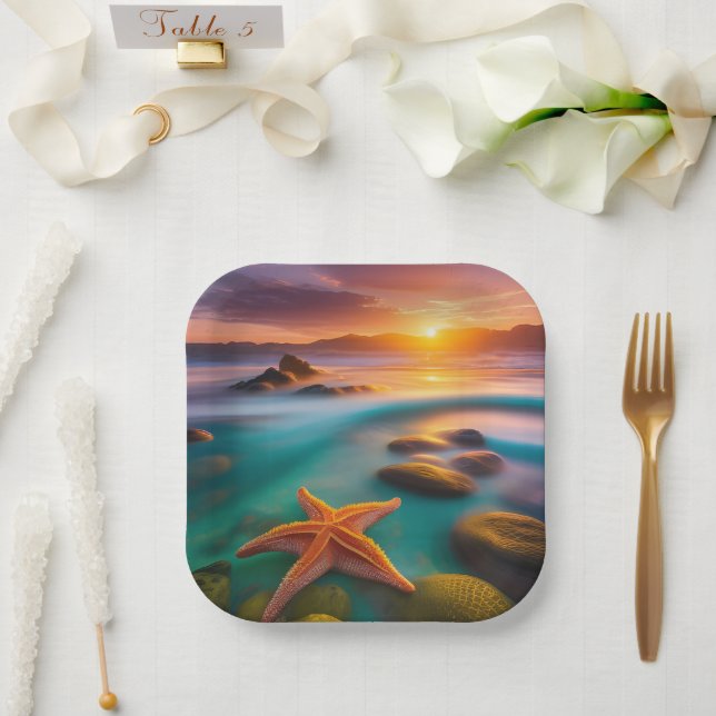 Assiettes En Carton Starfish sur la plage à Dawn (Mariage)