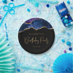 Assiettes En Carton Starry Agate Geode Bleu pourpre fête d'anniversair