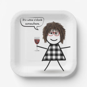 Assiettes En Carton Stick Girl with Red Wine Party Humour