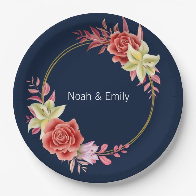 Assiettes En Carton Sticker rond rose Mariage classique (Devant)