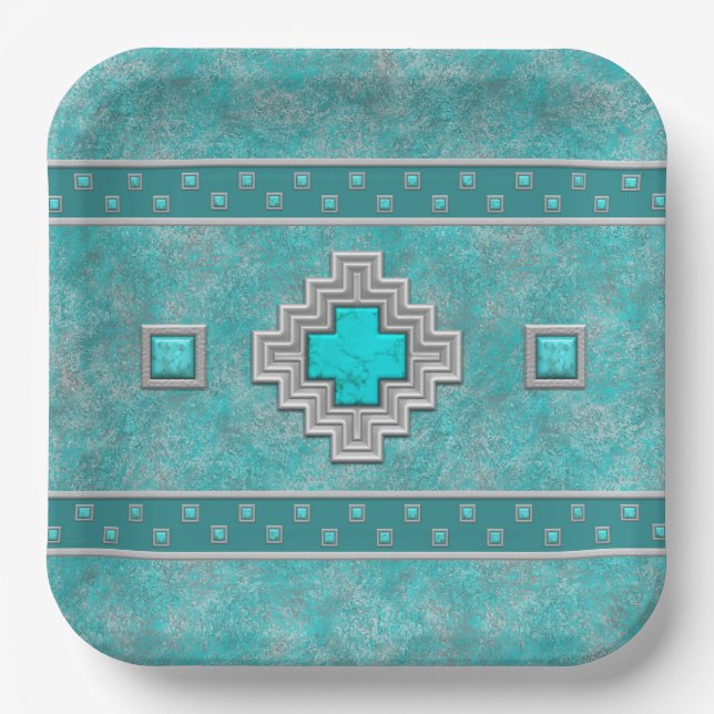 Assiettes En Carton Stone Turquoise du sud-ouest Conception géométriqu (Recto)