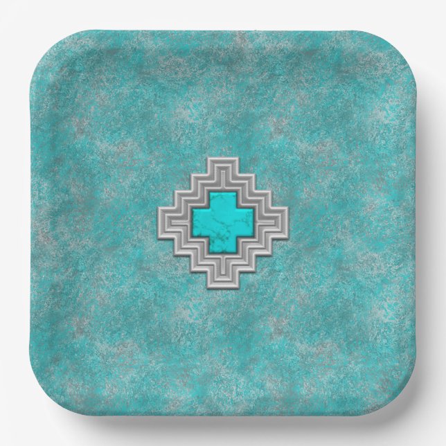 Assiettes En Carton Stone Turquoise du sud-ouest Conception géométriqu (Recto)