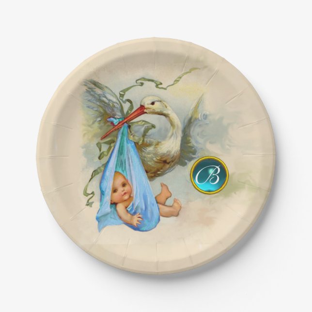 ASSIETTES EN CARTON STORK BÉBÉ GARÇON DOUCHE BLUE GEM PIERRE MONOGRAM (Devant)