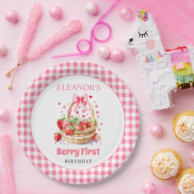 Assiettes En Carton Strawberries and pink bow Berry First Birthday (Fête)
