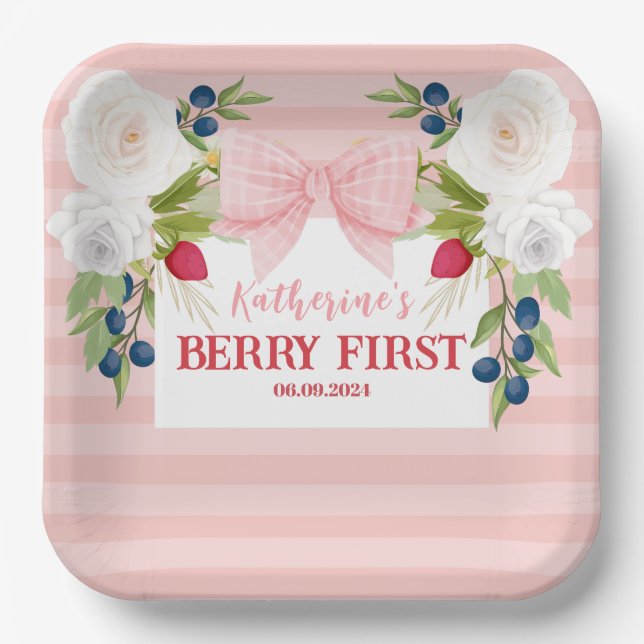 Assiettes En Carton Strawberry 1st Berry First strawberry Birthday  (Recto)