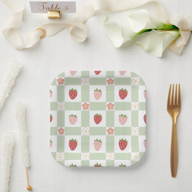 Assiettes En Carton Strawberry Gingham First Birthday Square (Mariage)