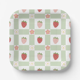 Assiettes En Carton Strawberry Gingham First Birthday Square