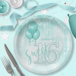 Assiettes En Carton String Lights & Balloons Sweet 16 ID Turquoise473