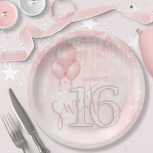 Assiettes En Carton String Lights & Balloons Sweet 16 Rose Gold ID473