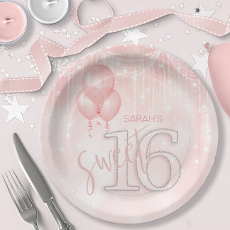 Assiettes En Carton String Lights & Balloons Sweet 16 Rose Gold ID473