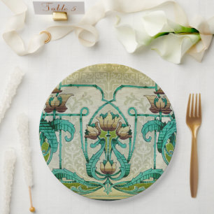 Assiettes En Carton Style Art Nouveau Acanthus Feuilles Bouquet Fleurs