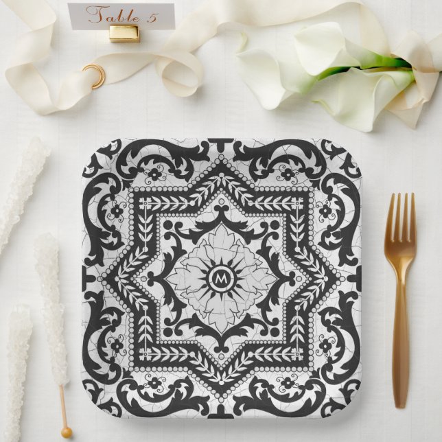 Assiettes En Carton Style azulejo en céramique noire et blanche (Mariage)