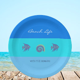 Assiettes En Carton Style Blue Stripes Fish Shells Beach House