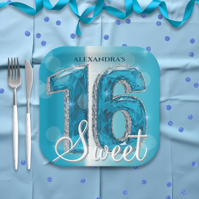 Assiettes En Carton Style Chic Glam Bleu Sapphire Gemstone Sweet 16 (Créateur téléchargé)