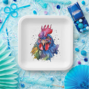 Assiettes En Carton Style d'aquarelle de poulet du coq du pays