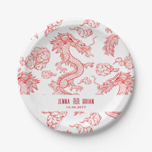 Assiettes En Carton Style Dragon Double Symbole Bonheur Style Blanc