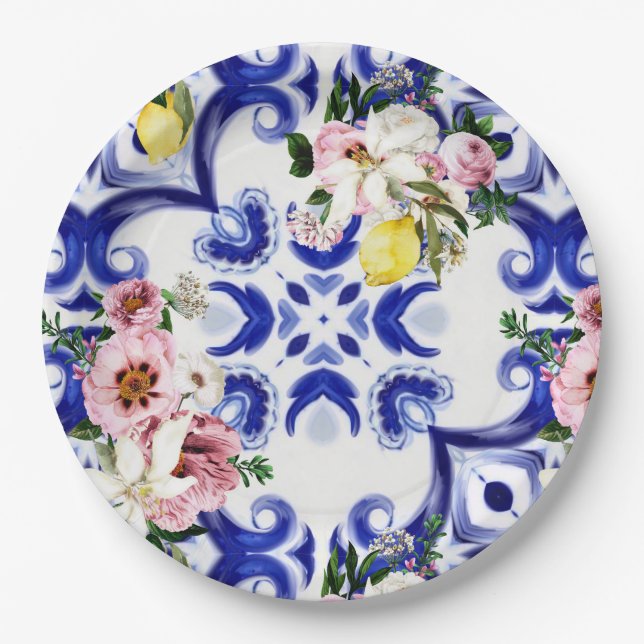 Assiettes En Carton Style italien, carreaux, majolica, citron tout-des (Devant)