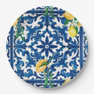 Assiettes En Carton style italien,Méditerranée,mosaïque,bleu,