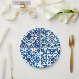 Assiettes En Carton style italien, méditerranéen, mosaïque, bleu,